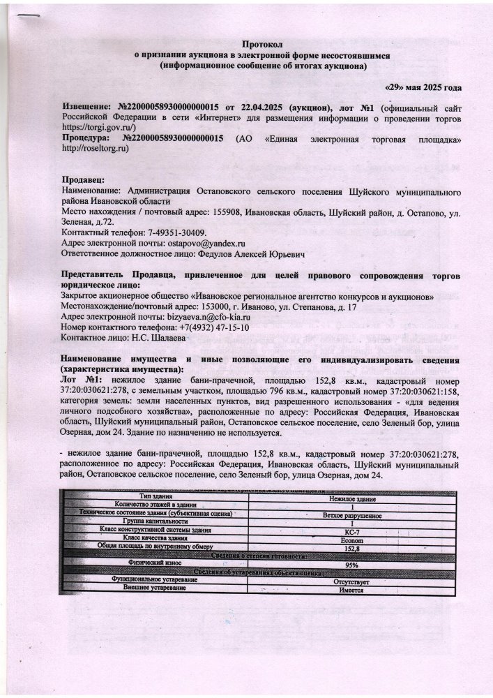 Протокол о признании аукциона в электронной форме несостоявшимся (информационное сообщение об итогах аукциона)