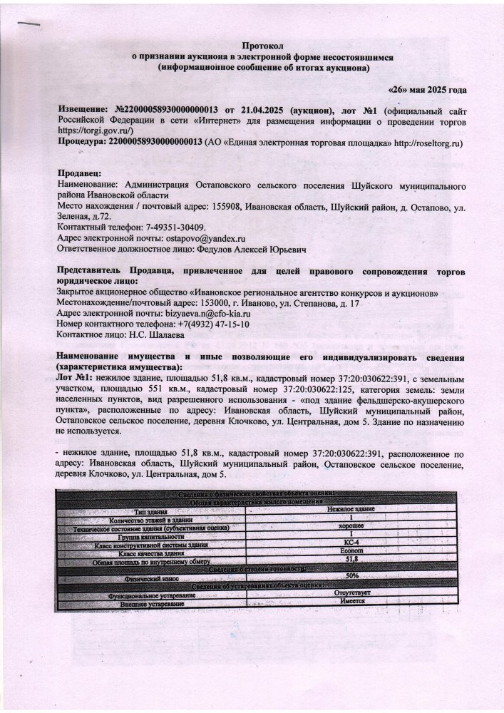 Протокол о признании аукциона в электронной форме несостоявшимися (информационное сообщение об итогах аукциона)