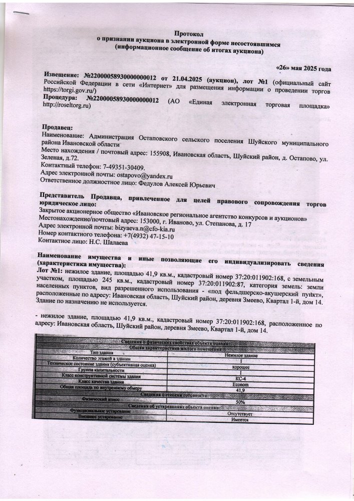 Протокол о признании аукциона в электронной форме несостоявшимися (информационное сообщение об итогах аукциона)